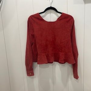 NWT Anthropologie corduroy blouse button and bow details on back, ruffle hem